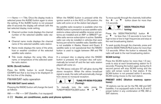 ←→ Name ←→ Title. Once the display mode is          When the RADIO button is pressed while the               To move quickly through the channels, hold either
selected press the AUDIO button again to store      ignition switch is in the ACC or ON position, the        the       or        button down for more than
the setting. If the AUDIO button is not pressed     radio will come on at the station last played.           1.5 seconds.
after 8 seconds the display will refresh with the
                                                    No satellite radio reception is available when the                           SEEK/TRACK/FILE
last selected display mode setting.
                                                    RADIO button is pressed to access satellite radio                            tuning:
 ● Channel number mode displays the channel         stations unless optional satellite receiver and an-
                                                                                                             Press the SEEK/TRACK/FILE button
   number of the selected satellite radio sta-      tenna are installed and an XMா or SIRIUS™ sat-
                                                                                                             or        for less than 1.5 seconds to tune from
   tion.                                            ellite radio service subscription is active. Satellite
                                                                                                             high to low or low to high frequencies and stop at
                                                    radio can only be installed in vehicles that were
 ● Channel name mode displays the channel                                                                    the next broadcasting station.
                                                    factory pre-wired for satellite radio. Satellite radio
   name of the selected satellite radio station.
                                                    is not available in Alaska, Hawaii and Guam. If          To seek quickly through the channels, press and
 ● Name mode displays the name of the artist,       satellite radio is not operational then the RADIO        hold the SEEK/TRACK/FILE button for more than
   host or weather condition of the selected        button is used to toggle between AM and FM               1.5 seconds. When the button is released, the
   satellite radio station.                         bands.                                                   radio will seek to the next broadcasting station.
 ● Title mode displays the song title, show         If a compact disc is playing when the RADIO              SCAN tuning:
   name, or temperature of the selected satel-      button is pressed, the compact disc will auto-
                                                                                                             Press the SCAN button for more than 1.5 sec-
   lite radio station.                              matically be turned off and the last radio station
                                                                                                             onds to stop at each broadcasting station for 5
                                                    played will come on.                                     seconds. Pressing the button again during this 5
SCRL (Scroll) button:
                                                    The FM stereo indicator ST will glow during FM           second period will stop SCAN tuning and the
Press the SCRL button to scroll through                                                                      radio will remain tuned to that station. If the
                                                    stereo reception. When the stereo broadcast
CD/MP3 text that is too long to be displayed on                                                              SCAN button is not pressed within 5 seconds,
                                                    signal is weak, the radio will automatically change
the first line of the display.                                                                               SCAN tuning moves to the next station.
                                                    from stereo to monaural reception.
FM/AM/SAT radio operation                                                   TUNE/FF·REW/FOLDER               PRESET A·B·C (Station memory opera-
                                                                          (Tuning):                          tions):
FM/AM/SAT band select:
                                                                                                             18 stations can be set for the FM, AM and SAT
Pressing the RADIO button will change the band      To manually tune the radio,              press    the
                                                                                                             (satellite, if so equipped) radio to the A, B and C
as follows:                                         TUNE/FF·REW/FOLDER button                or        .
                                                                                                             preset button in any combination of FM, AM or
AM ←→ FM ←→ SAT (Satellite, if so equipped)                                                                  SAT stations.
4-22 Heater, air conditioner, audio and phone systems




                                                                                    ੬ REVIEW COPY—2007 Versa (vrs)
                                                                                    Owners Manual—USA_English (nna)
                                                                                    06/05/06—cathy ੭
 