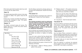 If the memo pad is full, the system asks if you wish   Use the Setup command to change options as-           ● “Replace phone” — The system announces
to record over the oldest memo.                        sociated with the Bluetoothா Hands-Free Phone           the names of the phones already paired and
                                                       System.                                                 asks which you would like to replace.
“Play” ᭺
       B
                                                       “Pair phone” ᭺
                                                                    A                                           Once you say the name of the phone you
The system plays back all the memos in the order
of newest to oldest. The system ends the VR                                                                     wish to replace, the pairing procedure will
                                                       Use the Pair Phone command to pair a phone to
session.                                                                                                        begin. Refer to “Pairing procedure” earlier in
                                                       the Bluetoothா Hands-Free Phone System.
                                                                                                                this section.
If there are no memos recorded, the system an-
nounces “No messages to play.” The system              NOTE:                                                 ● “List phone” – See the description below.
ends the VR session.                                   The pairing procedure must be performed              “List phone” ᭺
                                                                                                                         B
“Delete” ᭺
         C                                             when the vehicle is stationary. If the vehicle
                                                                                                            Use the List Phone command to hear the names
                                                       starts moving during the procedure, the
The Delete command erases all memos. The               procedure will be cancelled. Also, see               of the phones currently paired. If no phones are
system asks you to confirm this action before          “Pairing procedure” earlier in this section          paired, the system announces, “No paired
deleting all memos.                                    for additional information.                          phones to list.” The system then ends the VR
                                                                                                            session.
“Setup”                                                Up to 5 phones can be paired. If you try to pair a
                                                       sixth phone, the system announces that you must      “Select phone” ᭺
                                                                                                                           C

  Main Menu                                            first delete one phone or replace an existing        Use the Select Phone command to select a
                                                       phone.                                               phone of lesser priority when two or more phones
           “Setup”
                                                       If you try to pair a phone that has already been     paired with Bluetoothா Hands-Free Phone Sys-
                 “Pair Phone” ᭺
                              A
                                                                                                            tem are in the vehicle at the same time.
                                                       paired to your vehicle’s system, the system an-
                 “List Phone” ᭺
                              B
                                                       nounces the name the phone is already using.         The system asks you to name the phone and
                 “Select Phone” ᭺
                                C                      The pairing procedure will then be cancelled.        confirm the selection.
                 “Change Priority” ᭺
                                   D
                                                       When prompted by the system, choose from the         Once the selection is confirmed, the selected
                 “Delete Phone” ᭺
                                E                      following commands:                                  phone remains active until the ignition switch is
                 “Select Ringtone” ᭺
                                   F                    ● “New phone” — Refer to “Pairing a phone”          turned OFF or you select a new phone.
                 “Bluetooth Off” ᭺
                                 G                        earlier in this section.

                                                                                         Heater, air conditioner, audio and phone systems 4-37




                                                                                     ੬ REVIEW COPY—2007 Versa (vrs)
                                                                                     Owners Manual—USA_English (nna)
                                                                                     06/05/06—cathy ੭
 