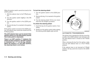 When the ignition switch cannot be turned to the       To lock the steering wheel:
LOCK position:
                                                        1. Turn the ignition switch to the LOCK posi-
 1. Shift the selector lever to the P (Park) posi-         tion.
    tion.
                                                        2. Remove the key, if it is inserted in the ignition
 2. Turn the ignition switch slightly in the ON            switch.
    direction.
                                                        3. Turn the steering wheel 1/8 of a turn clock-
 3. Turn the ignition switch to the LOCK posi-             wise from the straight up position.
    tion.
                                                       To unlock the steering wheel:
 4. Remove the key if it is inserted in the ignition
                                                        1. Insert the key into the ignition switch, if nec-
    switch.
                                                           essary.
If the ignition switch is turned to the LOCK posi-
                                                        2. Gently turn the ignition switch while rotating
tion, the selector lever cannot be moved from the
                                                           the steering wheel slightly right and left.                                                  SSD0392
P (Park) position.
The shift selector lever can be moved if the
                                                                                                               AUTOMATIC TRANSMISSION
ignition switch is in the ON position and the                                                                  The ignition lock is designed so the key cannot be
foot brake pedal is depressed.                                                                                 turned to the LOCK position and removed until
                                                                                                               the shift selector lever is moved to the P (Park)
There is an OFF position ᭺ between the
                            1
                                                                                                               position.
LOCK and ACC positions. The OFF position
is indicated by a “1” on the key cylinder.                                                                     When removing the key from the ignition, make
When the ignition is in the OFF position,                                                                      sure the shift selector lever is in the P (Park)
the steering wheel is not locked.                                                                              position.
                                                                                                               If the selector lever is not returned to P (Park)
                                                                                                               position, the key cannot be moved to the LOCK
                                                                                                               position.




5-8 Starting and driving




                                                                                      ੬ REVIEW COPY—2007 Versa (vrs)
                                                                                      Owners Manual—USA_English (nna)
                                                                                      06/05/06—cathy ੭
 