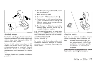 1. Turn the ignition key to the LOCK position
                                                             and remove the key.
                                                          2. Apply the parking brake.
                                                          3. Depress the shift lock release button ᭺.
                                                                                                   1

                                                          4. Push and hold the shift selector lever button
                                                             ᭺ and move the shift selector lever ᭺ to N
                                                              2                                    3
                                                             (Neutral) position while holding down the
                                                             shift lock release button.
                                                          5. Turn the key to the ON position to unlock the
                                                             steering wheel. Now the vehicle may be
                                                             moved to the desired location.
                                                         If the shift selector lever cannot be moved out of
                                            SSD0534                                                                                                    SSD0533
                                                         P (Park), have a NISSAN dealer check the auto-
Shift lock release                                       matic transmission system as soon as possible.         Overdrive switch
If the battery is discharged, the shift selector lever   Accelerator downshift                                  Each time your vehicle is started, the transmis-
may not be moved from the P (Park) position even         — in D position —                                      sion is automatically “reset” to overdrive ON.
with the brake pedal depressed and the shift                                                                    ON:      With the engine running and the
selector lever button pushed.                            For passing or hill climbing, depress the accel-
                                                         erator pedal to the floor. This shifts the transmis-            shift selector lever in the D (Drive)
To move the shift selector lever, release the shift      sion down into a lower gear, depending on the                   position, the transmission upshifts
lock and push the shift selector lever button. The       vehicle speed.                                                  into Overdrive as vehicle speed
shift selector lever can be moved to N (Neutral).                                                                        increases.
However, the steering wheel will be locked un-                                                                  Overdrive does not engage until the engine
less the ignition switch is turned to the ON posi-                                                              has reached operating temperature.
tion.
To release the shift lock, complete the following
procedure:

                                                                                                                                Starting and driving 5-15




                                                                                        ੬ REVIEW COPY—2007 Versa (vrs)
                                                                                        Owners Manual—USA_English (nna)
                                                                                        06/05/06—cathy ੭
 