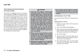 FLAT TIRE


TIRE PRESSURE MONITORING                                                 WARNING                       ● Do not inject any tire liquid or aerosol
SYSTEM (TPMS)                                         ● If the low tire pressure warning light
                                                                                                         tire sealant into the tires, as this may
                                                                                                         cause a malfunction of the tire pressure
This vehicle is equipped with the tire pressure         illuminates while driving, avoid sudden          sensors.
monitoring system (TPMS). It monitors tire pres-        steering maneuvers or abrupt braking,
sure of all tires except the spare. When the low        reduce vehicle speed, pull off the road        CHANGING A FLAT TIRE
tire pressure warning light is lit, one or more of      to a safe location and stop the vehicle
your tires is significantly under-inflated. If the      as soon as possible. Serious vehicle           If you have a flat tire, follow the instructions be-
vehicle is being driven with low tire pressure, the     damage could occur and may lead to an          low.
TPMS will activate and warn you of it by the low        accident and could result in serious
                                                        personal injury. Check the tire pressure       Stopping the vehicle
tire pressure warning light. This system will acti-
                                                        for all four tires. Adjust the tire pressure    1. Safely move the vehicle off the road and
vate only when the vehicle is driven at speeds
                                                        to the recommended COLD tire pres-                 away from traffic.
above 16 MPH (25 km/h). For more details, refer         sure shown on the Tire and Loading
to “Warning/indicator lights and audible remind-        Information label to turn the low tire          2. Turn on the hazard warning flashers.
ers” in the “Instruments and controls” section,         pressure warning light OFF. If you have
and “Tire pressure monitoring system (TPMS)” in         a flat tire, replace it with a spare tire as    3. Park on a level surface and apply the parking
the “Starting and driving” section.                     soon as possible.                                  brake. Shift the transmission into P (Park) or
                                                                                                           the manual transmission into R (Reverse).
                                                      ● When a spare tire is mounted or a wheel
                                                        is replaced, the TPMS will not function         4. Turn off the engine.
                                                        and the low tire pressure warning light         5. Raise the hood to warn other traffic and to
                                                        will flash. Contact your NISSAN dealer             signal professional road assistance person-
                                                        as soon as possible for tire replacement
                                                                                                           nel that you need assistance.
                                                        and/or system resetting.
                                                      ● Replacing tires with those not originally       6. Have all passengers get out of the vehicle
                                                        specified by NISSAN could affect the               and stand in a safe place, away from traffic
                                                        proper operation of the TPMS.                      and clear of the vehicle.




6-2 In case of emergency




                                                                                 ੬ REVIEW COPY—2007 Versa (vrs)
                                                                                 Owners Manual—USA_English (nna)
                                                                                 06/05/06—cathy ੭
 