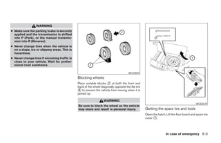 WARNING
● Make sure the parking brake is securely
  applied and the transmission is shifted
  into P (Park), or the manual transmis-
  sion into R (Reverse).
● Never change tires when the vehicle is
  on a slope, ice or slippery areas. This is
  hazardous.
● Never change tires if oncoming traffic is
  close to your vehicle. Wait for profes-
  sional road assistance.

                                                                                        WCE0044
                                               Blocking wheels
                                               Place suitable blocks ᭺ at both the front and
                                                                      1
                                               back of the wheel diagonally opposite the flat tire
                                               ᭺ to prevent the vehicle from moving when it is
                                                2
                                               jacked up.

                                                                    WARNING
                                                                                                                                              WCE0129
                                               Be sure to block the wheel as the vehicle
                                               may move and result in personal injury.               Getting the spare tire and tools
                                                                                                     Open the hatch. Lift the floor board and spare tire
                                                                                                     cover ᭺.
                                                                                                           1




                                                                                                                     In case of emergency 6-3




                                                                             ੬ REVIEW COPY—2007 Versa (vrs)
                                                                             Owners Manual—USA_English (nna)
                                                                             06/05/06—cathy ੭
 