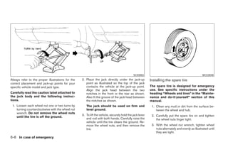 SCE0002                                                WCE0048
Always refer to the proper illustrations for the   2. Place the jack directly under the jack-up           Installing the spare tire
correct placement and jack-up points for your         point as illustrated so the top of the jack
specific vehicle model and jack type.                 contacts the vehicle at the jack-up point.          The spare tire is designed for emergency
                                                      Align the jack head between the two                 use. See specific instructions under the
Carefully read the caution label attached to          notches in the front or the rear as shown.          heading “Wheels and tires” in the “Mainte-
the jack body and the following instruc-              Also fit the groove of the jack head between        nance and do-it-yourself” section of this
tions.                                                the notches as shown.                               manual.
 1. Loosen each wheel nut one or two turns by         The jack should be used on firm and                  1. Clean any mud or dirt from the surface be-
    turning counterclockwise with the wheel nut       level ground.                                           tween the wheel and hub.
    wrench. Do not remove the wheel nuts
                                                   3. To lift the vehicle, securely hold the jack lever    2. Carefully put the spare tire on and tighten
    until the tire is off the ground.
                                                      and rod with both hands. Carefully raise the            the wheel nuts finger tight.
                                                      vehicle until the tire clears the ground. Re-
                                                      move the wheel nuts, and then remove the             3. With the wheel nut wrench, tighten wheel
                                                      tire.                                                   nuts alternately and evenly as illustrated until
                                                                                                              they are tight.
6-6 In case of emergency




                                                                                 ੬ REVIEW COPY—2007 Versa (vrs)
                                                                                 Owners Manual—USA_English (nna)
                                                                                 06/05/06—cathy ੭
 