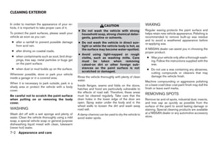 CLEANING EXTERIOR


In order to maintain the appearance of your ve-
                                                                        CAUTION                         WAXING
hicle, it is important to take proper care of it.
                                                    ● Do not wash the vehicle with strong               Regular waxing protects the paint surface and
To protect the paint surfaces, please wash your       household soap, strong chemical deter-            helps retain new vehicle appearance. Polishing is
vehicle as soon as you can:                           gents, gasoline or solvents.                      recommended to remove built-up wax residue
                                                                                                        and to avoid a weathered appearance before
 ● after a rainfall to prevent possible damage      ● Do not wash the vehicle in direct sun-            re-applying wax.
   from acid rain.                                    light or while the vehicle body is hot, as
                                                      the surface may become water-spotted.             A NISSAN dealer can assist you in choosing the
 ● after driving on coastal roads.                                                                      proper product.
                                                    ● Avoid using tight-napped or rough
 ● when contaminants such as soot, bird drop-         cloths, such as washing mitts. Care                ● Wax your vehicle only after a thorough wash-
   pings, tree sap, metal particles or bugs get       must be taken when removing                          ing. Follow the instructions supplied with the
   on the paint surface.                              caked-on dirt or other foreign sub-                  wax.
 ● when dust or mud builds up on the surface.         stances so the paint surface is not                ● Do not use a wax containing any abrasives,
                                                      scratched or damaged.                                cutting compounds or cleaners that may
Whenever possible, store or park your vehicle
                                                    Rinse the vehicle thoroughly with plenty of clean      damage the vehicle finish.
inside a garage or in a covered area.
                                                    water.                                              Machine compounding or aggressive polishing
When it is necessary to park outside, park in a
                                                    Inside flanges, seams and folds on the doors,       on a base coat/clear coat paint finish may dull the
shady area or protect the vehicle with a body                                                           finish or leave swirl marks.
cover.                                              hatches and hood are particularly vulnerable to
                                                    the effects of road salt. Therefore, these areas
Be careful not to scratch the paint surface         must be cleaned regularly. Take care that the
                                                                                                        REMOVING SPOTS
when putting on or removing the body                drain holes in the lower edge of the door are       Remove tar and oil spots, industrial dust, insects,
cover.                                              open. Spray water under the body and in the         and tree sap as quickly as possible from the
                                                    wheel wells to loosen the dirt and wash away        surface of the paint to avoid lasting damage or
WASHING                                             road salt.                                          staining. Special cleaning products are available
Wash dirt off with a wet sponge and plenty of                                                           at a NISSAN dealer or any automotive accessory
                                                    A damp chamois can be used to dry the vehicle to
water. Clean the vehicle thoroughly using a mild                                                        store.
                                                    avoid water spots.
soap, a special vehicle soap or general purpose
dishwashing liquid mixed with clean, lukewarm
(never hot) water.
7-2 Appearance and care




                                                                                 ੬ REVIEW COPY—2007 Versa (vrs)
                                                                                 Owners Manual—USA_English (nna)
                                                                                 06/05/06—cathy ੭
 