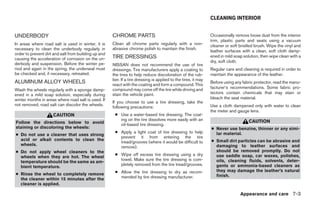 CLEANING INTERIOR


UNDERBODY                                             CHROME PARTS                                              Occasionally remove loose dust from the interior
                                                                                                                trim, plastic parts and seats using a vacuum
In areas where road salt is used in winter, it is     Clean all chrome parts regularly with a non-              cleaner or soft bristled brush. Wipe the vinyl and
necessary to clean the underbody regularly in         abrasive chrome polish to maintain the finish.
                                                                                                                leather surfaces with a clean, soft cloth damp-
order to prevent dirt and salt from building up and
causing the acceleration of corrosion on the un-      TIRE DRESSINGS                                            ened in mild soap solution, then wipe clean with a
                                                                                                                dry, soft cloth.
derbody and suspension. Before the winter pe-         NISSAN does not recommend the use of tire
riod and again in the spring, the underseal must      dressings. Tire manufacturers apply a coating to          Regular care and cleaning is required in order to
be checked and, if necessary, retreated.              the tires to help reduce discoloration of the rub-        maintain the appearance of the leather.
                                                      ber. If a tire dressing is applied to the tires, it may
ALUMINUM ALLOY WHEELS                                 react with the coating and form a compound. This
                                                                                                                Before using any fabric protector, read the manu-
                                                      compound may come off the tire while driving and          facturer’s recommendations. Some fabric pro-
Wash the wheels regularly with a sponge damp-
ened in a mild soap solution, especially during       stain the vehicle paint.                                  tectors contain chemicals that may stain or
winter months in areas where road salt is used. If                                                              bleach the seat material.
                                                      If you choose to use a tire dressing, take the
not removed, road salt can discolor the wheels.                                                                 Use a cloth dampened only with water to clean
                                                      following precautions:
                                                                                                                the meter and gauge lens.
                     CAUTION                           ● Use a water-based tire dressing. The coat-
                                                         ing on the tire dissolves more easily with an                               CAUTION
Follow the directions below to avoid                     oil-based tire dressing.
staining or discoloring the wheels:                                                                             ● Never use benzine, thinner or any simi-
                                                       ● Apply a light coat of tire dressing to help              lar material.
● Do not use a cleaner that uses strong
                                                         prevent it from entering the tire
  acid or alkali contents to clean the                                                                          ● Small dirt particles can be abrasive and
                                                         tread/grooves (where it would be difficult to
  wheels.                                                                                                         damaging to leather surfaces and
                                                         remove).
● Do not apply wheel cleaners to the                                                                              should be removed promptly. Do not
                                                       ● Wipe off excess tire dressing using a dry                use saddle soap, car waxes, polishes,
  wheels when they are hot. The wheel
                                                         towel. Make sure the tire dressing is com-               oils, cleaning fluids, solvents, deter-
  temperature should be the same as am-
                                                         pletely removed from the tire tread/grooves.             gents or ammonia-based cleaners as
  bient temperature.
                                                       ● Allow the tire dressing to dry as recom-                 they may damage the leather’s natural
● Rinse the wheel to completely remove                                                                            finish.
  the cleaner within 15 minutes after the                mended by tire dressing manufacturer.
  cleaner is applied.

                                                                                                                                Appearance and care 7-3




                                                                                       ੬ REVIEW COPY—2007 Versa (vrs)
                                                                                       Owners Manual—USA_English (nna)
                                                                                       06/05/06—cathy ੭
 