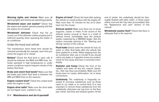 Warning lights and chimes Make sure all              Engine oil level* Check the level after parking       end of winter, the underbody should be thor-
warning lights and chimes are operating properly.    the vehicle on a level surface with the engine off.   oughly flushed with plain water, in those areas
                                                     Wait more than 10 minutes for the oil to drain        where mud and dirt may have accumulated. See
Windshield wiper and washer* Check that                                                                    the “Appearance and care” section of this
                                                     back into the oil pan.
the wipers and washer operate properly and that                                                            manual.
the wipers do not streak.                            Exhaust system Make sure there are no loose
                                                     supports, cracks or holes. If the sound of the        Windshield washer fluid* Check that there is
Windshield defroster Check that the air                                                                    adequate fluid in the reservoir.
                                                     exhaust seems unusual or there is a smell of
comes out of the defroster outlets properly and in
                                                     exhaust fumes, immediately have the exhaust
sufficient quantity when operating the heater or     system inspected by a NISSAN dealer. See the
air conditioner.                                     carbon monoxide warning in the “Starting and
Under the hood and vehicle                           driving” section of this manual.
                                                     Fluid leaks Check under the vehicle for fuel, oil,
The maintenance items listed here should be
                                                     water or other fluid leaks after the vehicle has
checked periodically (for example, each time you
                                                     been parked for a while. Water dripping from the
check the engine oil or refuel).                     air conditioner after use is normal. If you should
Battery* Check the fluid level in each cell. It      notice any leaks or if gasoline fumes are evident,
should be between the MAX and MIN lines. Ve-         check for the cause and have it corrected imme-
hicles operated in high temperatures or under        diately.
severe conditions require frequent checks of the     Radiator and hoses Check the front of the
battery fluid level.                                 radiator and clean off any dirt, insects, leaves,
Brake and clutch fluid levels* Make sure that        etc., that may have accumulated. Make sure the
                                                     hoses have no cracks, deformation, rot or loose
the brake and clutch fluid level is between the
                                                     connections.
MIN and MAX lines on the reservoir.
                                                     Underbody The underbody is frequently ex-
Engine coolant level* Check the coolant level        posed to corrosive substances such as those
when the engine is cold.                             used on icy roads or to control dust. It is very
Engine drive belts* Make sure the drive belts        important to remove these substances from the
are not frayed, worn, cracked or oily.               underbody, otherwise rust may form on the floor
                                                     pan, frame, fuel lines and exhaust system. At the
8-4 Maintenance and do-it-yourself




                                                                                   ੬ REVIEW COPY—2007 Versa (vrs)
                                                                                   Owners Manual—USA_English (nna)
                                                                                   06/05/06—cathy ੭
 