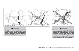 SSS0134                                       SSS0016

                 WARNING                                                               WARNING
● Every person who drives or rides in this                           ● The seat belt should be properly ad-
  vehicle should use a seat belt at all                                justed to a snug fit. Failure to do so may
  times. Children should be properly re-                               reduce the effectiveness of the entire
  strained in the rear seat and, if appro-                             restraint system and increase the
  priate, in a child restraint.                                        chance or severity of injury in an acci-
                                                                       dent. Serious injury or death can occur
                                                                       if the seat belt is not worn properly.




                                             Safety—Seats, seat belts and supplemental restraint system 1-7




                                                  ੬ REVIEW COPY—2007 Versa (vrs)
                                                  Owners Manual—USA_English (nna)
                                                  06/05/06—cathy ੭
 