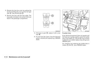 3. Remove the fuse box cover by pushing the
    tab ᭺ and lifting the cover up from the right
         1
    side ᭺ , then the left side ᭺.
          2                     3

 4. Remove the fuse with the fuse puller. The
    fuse puller is located in the center of the fuse
    block in the passenger compartment.




                                                                                              WDI0452                                               SDI1869
                                                       5. If the fuse is open ᭺, replace it with a new
                                                                              A                           Fusible links
                                                          fuse ᭺.B
                                                                                                          If any electrical equipment does not operate and
                                                       6. If a new fuse also opens, have the electrical   the fuses are in good condition, check the fusible
                                                          system checked and repaired by a NISSAN         links in the holders ᭺ , ᭺ and ᭺. If any of these
                                                                                                                                1    2      3
                                                          dealer.                                         fusible links are melted, replace only with genuine
                                                                                                          NISSAN parts.
                                                                                                          For checking and replacing the fusible links in
                                                                                                          holders ᭺ and ᭺ , see a NISSAN dealer.
                                                                                                                  2      3




8-22 Maintenance and do-it-yourself




                                                                                   ੬ REVIEW COPY—2007 Versa (vrs)
                                                                                   Owners Manual—USA_English (nna)
                                                                                   06/05/06—cathy ੭
 