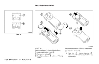 BATTERY REPLACEMENT




                              LDI0456
               Type B




                                                                                                                               LDI0484
                                        KEYFOB                                          Recommended battery: CR2025 or equivalent.
                                        Replace the battery in the keyfob as follows:
                                                                                        ᭺
                                                                                        4   Close the lid securely.
                                        ᭺ Open the lid using a coin ᭺.
                                         1                              A
                                                                                         5. Press the           button, then the
                                        ᭺2 Remove the battery ᭺.  B
                                                                                            button two or three times to check the key-
                                        ᭺ Install a new battery ᭺ with the “+” facing
                                         3                         C
                                                                                            fob operation.
                                            down.
8-24 Maintenance and do-it-yourself




                                                                   ੬ REVIEW COPY—2007 Versa (vrs)
                                                                   Owners Manual—USA_English (nna)
                                                                   06/05/06—cathy ੭
 