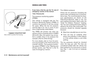WHEELS AND TIRES


                                                If you have a flat tire, see the “In case of   Tire inflation pressure
                                                emergency” section of this manual.
                                                                                               Check the tire pressures (including the
                                                TIRE PRESSURE                                  spare) often and always prior to long dis-
                                                Tire pressure monitoring system                tance trips. The recommended tire pres-
                                                (TPMS)                                         sure specifications are shown on the
                                                                                               F.M.V.S.S./C.M.V.S.S. label or the Tire
                                                This vehicle is equipped with the Tire         and Loading Information label under the
                                                Pressure Monitoring System (TPMS). It          ЉCold Tire Inflation PressureЉ heading.
                                                monitors tire pressure of all tires except     The Tire and Loading Information label is
                                                the spare. When the low tire pressure          affixed to the driver side center pillar. Tire
                                                warning light is lit, one or more of your      pressures should be checked regularly
                                      SDI1873
                                                tires is significantly underinflated.          because:
                                                The TPMS will activate only when the            ● Most tires naturally lose air over time.
        Luggage compartment light               vehicle is driven at speeds above 16 MPH
Use a cloth to protect the housing.             (25 km/h). Also, this system may not de-        ● Tires can lose air suddenly when
                                                tect a sudden drop in tire pressure (for          driven over potholes or other objects
                                                example a flat tire while driving).               or if the vehicle strikes a curb while
                                                                                                  parking.
                                                For more details, refer to “Low tire pres-
                                                sure warning light” in the “Instruments and    The tire pressures should be checked
                                                controls” section, “Tire pressure monitor-     when the tires are cold. The tires are
                                                ing system (TPMS)” in the “Starting and        considered COLD after the vehicle has
                                                driving” section, and “Flat tire” in the “In   been parked for 3 or more hours, or driven
                                                case of emergency” section.                    less than 1 mile (1.6 km) at moderate
                                                                                               speeds.

8-30 Maintenance and do-it-yourself




                                                                          ੬ REVIEW COPY—2007 Versa (vrs)
                                                                          Owners Manual—USA_English (nna)
                                                                          06/06/06—cathy ੭
 