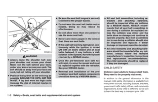 ● Be sure the seat belt tongue is securely    ● All seat belt assemblies, including re-
                                                fastened to the proper buckle.                tractors and attaching hardware,
                                                                                              should be inspected after any collision
                                              ● Do not wear the seat belt inside out or
                                                                                              by a NISSAN dealer. NISSAN recom-
                                                twisted. Doing so may reduce its
                                                                                              mends that all seat belt assemblies in
                                                effectiveness.
                                                                                              use during a collision be replaced un-
                                              ● Do not allow more than one person to          less the collision was minor and the
                                                use the same seat belt.                       belts show no damage and continue to
                                              ● Never carry more people in the vehicle        operate properly. Seat belt assemblies
                                                than there are seat belts.                    not in use during a collision should also
                                                                                              be inspected and replaced if either
                                              ● If the seat belt warning light glows con-     damage or improper operation is noted.
                                                tinuously while the ignition is turned
                                                ON with all doors closed and all seat       ● All child restraints and attaching hard-
                                   SSS0014      belts fastened, it may indicate a mal-        ware should be inspected after any col-
                                                function in the system. Have the system       lision. Always follow the restraint
                 WARNING                        checked by a NISSAN dealer.                   manufacturer’s inspection instructions
                                                                                              and replacement recommendations.
● Always route the shoulder belt over         ● Once the pre-tensioner seat belt has          The child restraints should be replaced
  your shoulder and across your chest.          activated, it cannot be reused and must       if they are damaged.
  Never run the belt behind your back,          be replaced together with the retractor.
  under your arm or across your neck. The       See your NISSAN dealer.                     CHILD SAFETY
  belt should be away from your face and
  neck, but not falling off your shoulder.    ● Removal and installation of the pre-        Children need adults to help protect them.
                                                tensioner seat belt system components       They need to be properly restrained.
● Position the lap belt as low and snug as      should be done by a NISSAN dealer.
  possible AROUND THE HIPS, NOT THE                                                         In addition to the general information in this
  WAIST. A lap belt worn too high could                                                     manual, child safety information is available from
  increase the risk of internal injuries in                                                 many other sources, including doctors, teachers,
  an accident.                                                                              government traffic safety offices, and community
                                                                                            organizations. Every child is different, so be sure
                                                                                            to learn the best way to transport your child.
1-8 Safety—Seats, seat belts and supplemental restraint system




                                                                        ੬ REVIEW COPY—2007 Versa (vrs)
                                                                        Owners Manual—USA_English (nna)
                                                                        06/05/06—cathy ੭
 