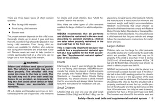 There are three basic types of child restraint         for infants and small children. See “Child Re-         placed in a forward facing child restraint. Refer to
systems:                                               straints” later in this section.                       the manufacturer’s instructions for minimum and
                                                                                                              maximum weight and height recommendations.
 ● Rear facing child restraint                         Also, there are other types of child restraints
                                                                                                              NISSAN recommends that small children be
                                                       available for larger children for additional protec-
 ● Front facing child restraint                                                                               placed in child restraints that comply with Federal
                                                       tion.
                                                                                                              Motor Vehicle Safety Standards or Canadian Mo-
 ● Booster seat
                                                       NISSAN recommends that all pre-teens                   tor Vehicle Safety Standards. You should choose
The proper restraint depends on the child’s size.      and children be restrained in the rear seat.           a child restraint that fits your vehicle and always
Generally, infants up to about 1 year and less         According to accident statistics, children             follow the manufacturer’s instructions for instal-
than 20 pounds (9 kg) should be placed in rear         are safer when properly restrained in the              lation and use.
facing child restraints. Front facing child re-        rear seat than in the front seat.
straints are available for children who outgrow                                                               Larger children
                                                       This is especially important because your
rear facing child restraints and are at least 1 year   vehicle has a supplemental restraint sys-              Children who are too large for child restraints
old. Booster seats are used to help position a         tem (Air bag system) for the front passen-             should be seated and restrained by the seat belts
vehicle lap/shoulder belt on a child who can no        ger. See “Supplemental restraint system”               which are provided. The seat belt may not fit
longer use a front facing child restraint.             later in this section.                                 properly if the child is less than 4 feet 9 inches
                                                                                                              (142.5 cm) tall and weighs between 40 lbs (18
                     WARNING                           Infants                                                kg) and 80 lbs (36 kg). A booster seat should be
                                                       Infants up to at least 1 year old should be placed     used to obtain proper seat belt fit.
Infants and children need special protec-
tion. The vehicle’s seat belts may not fit             in a rear facing child restraint. NISSAN recom-        NISSAN recommends that a child be placed in a
them properly. The shoulder belt may                   mends that infants be placed in child restraints       commercially available booster seat if the shoul-
come too close to the face or neck. The                that comply with Federal Motor Vehicle Safety          der belt in the child’s seating position fits close to
lap belt may not fit over their small hip              Standards or Canadian Motor Vehicle Safety             the face or neck or if the lap portion of the seat
bones. In an accident, an improperly fit-              Standards. You should choose a child restraint         belt goes across the abdomen. The booster seat
ting seat belt could cause serious or fatal            that fits your vehicle and always follow the manu-     should raise the child so that the shoulder belt is
injury. Always use appropriate child                   facturer’s instructions for installation and use.      properly positioned across the top, middle por-
restraints.                                                                                                   tion of the shoulder and the lap belt is low on the
                                                       Small Children
                                                                                                              hips. A booster seat can only be used in seating
All U.S. states and Canadian provinces or terri-       Children that are over one year old and weigh          positions that have a three-point type seat belt.
tories require the use of approved child restraints    between 20 lbs (9 kg) and 40 lbs (18 kg) can be        The booster seat should fit the vehicle seat and
                                                                              Safety—Seats, seat belts and supplemental restraint system 1-9




                                                                                      ੬ REVIEW COPY—2007 Versa (vrs)
                                                                                      Owners Manual—USA_English (nna)
                                                                                      06/05/06—cathy ੭
 