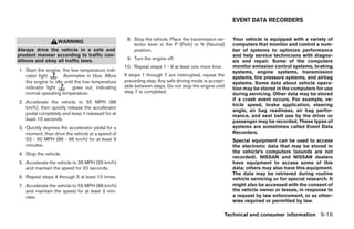 EVENT DATA RECORDERS


                                                   8. Stop the vehicle. Place the transmission se-   Your vehicle is equipped with a variety of
                  WARNING
                                                      lector lever in the P (Park) or N (Neutral)    computers that monitor and control a num-
Always drive the vehicle in a safe and                position.                                      ber of systems to optimize performance
prudent manner according to traffic con-                                                             and help service technicians with diagno-
ditions and obey all traffic laws.                 9. Turn the engine off.
                                                                                                     sis and repair. Some of the computers
                                                  10. Repeat steps 1 - 9 at least one more time.     monitor emission control systems, braking
1. Start the engine, the low temperature indi-                                                       systems, engine systems, transmission
   cator light       illuminates in blue. Allow   If steps 1 through 7 are interrupted, repeat the   systems, tire pressure systems, and airbag
   the engine to idle until the low temperature   preceding step. Any safe driving mode is accept-   systems. Some data about vehicle opera-
   indicator light         goes out, indicating   able between steps. Do not stop the engine until   tion may be stored in the computers for use
   normal operating temperature.                  step 7 is completed.                               during servicing. Other data may be stored
                                                                                                     if a crash event occurs. For example, ve-
2. Accelerate the vehicle to 55 MPH (88
                                                                                                     hicle speed, brake application, steering
   km/h), then quickly release the accelerator
                                                                                                     angle, air bag readiness, air bag perfor-
   pedal completely and keep it released for at                                                      mance, and seat belt use by the driver or
   least 10 seconds.                                                                                 passenger may be recorded. These types of
3. Quickly depress the accelerator pedal for a                                                       systems are sometimes called Event Data
   moment, then drive the vehicle at a speed of                                                      Recorders.
   53 - 60 MPH (86 - 96 km/h) for at least 9                                                         Special equipment can be used to access
   minutes.                                                                                          the electronic data that may be stored in
4. Stop the vehicle.                                                                                 the vehicle’s computers (sounds are not
                                                                                                     recorded). NISSAN and NISSAN dealers
5. Accelerate the vehicle to 35 MPH (55 km/h)                                                        have equipment to access some of this
   and maintain the speed for 20 seconds.                                                            data; others may also have this equipment.
                                                                                                     The data may be retrieved during routine
6. Repeat steps 4 through 5 at least 10 times.                                                       vehicle servicing or for special research. It
7. Accelerate the vehicle to 55 MPH (88 km/h)                                                        might also be accessed with the consent of
   and maintain the speed for at least 3 min-                                                        the vehicle owner or lessee, in response to
   utes.                                                                                             a request by law enforcement, or as other-
                                                                                                     wise required or permitted by law.

                                                                                                   Technical and consumer information 9-19




                                                                              ੬ REVIEW COPY—2007 Versa (vrs)
                                                                              Owners Manual—USA_English (nna)
                                                                              06/06/06—cathy ੭
 