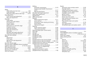 Shifting                                                 Switch
                          S                                 Automatic transmission. . . . . . . . . . .5-13          Automatic power window switch . . .           .    .2-29
                                                            Continuously Variable Transmission                      Fog light switch . . . . . . . . . . . . .     .    .2-21
Safety                                                      (CVT) . . . . . . . . . . . . . . . . . . . .5-17        Hazard warning flasher switch . . . . .       .    .2-21
   Child safety rear door lock . . . . . . . . . .3-6       Manual transmission . . . . . . . . . . . .5-20          Headlight and turn signal switch. . . .       .    .2-19
   Child seat belts . . . . . . . .1-14, 1-22, 1-28      Shoulder belt height adjustment . . . . . . . .1-12         Headlight control switch . . . . . . . .      .    .2-19
   Reporting safety defects (US only) . . . .9-18
                                                         Spark plug replacement . . . . . . . . . . . .8-17          Ignition switch . . . . . . . . . . . . .    .    . .5-5
Seat adjustment                                          Speedometer . . . . . . . . . . . . . . . . . . .2-3       Overdrive switch . . . . . . . . . . . .       .    .5-15
   Front manual seat adjustment . . . . . . . .1-2       SRS warning label . . . . . . . . . . . . . . .1-47        Power door lock switch . . . . . . . .        .    . .3-5
   Rear seat adjustment. . . . . . . . . . . . .1-4      Starting                                                   Rear window and outside mirror
Seat belt                                                   Before starting the engine . . . . . . . . .5-11        defroster switch . . . . . . . . . . . . .    . .2-18
   Child safety . . . . . . . . . . . . . . . . . .1-8      Jump starting . . . . . . . . . . . . . . . . .6-7      Rear window wiper and washer
   Infants and small children . . . . . . . . . .1-9
                                                            Precautions when starting and driving . . .5-2          switches . . . . . . . . . . . . . . . . .    . .2-18
   Injured Person. . . . . . . . . . . . . . . .1-10        Push starting . . . . . . . . . . . . . . . . .6-9      Turn signal switch . . . . . . . . . . . .    . .2-21
   Larger children . . . . . . . . . . . . . . . .1-9       Starting the engine . . . . . . . . . . . . .5-11        Windshield wiper and washer switch .         . .2-17
   Precautions on seat belt usage . . . . . . .1-6       Steering
   Pregnant women . . . . . . . . . . . . . .1-10           Power steering system . . . . . . . . . . .5-26
   Seat belt extenders . . . . . . . . . . . . .1-13                                                                                         T
                                                            Tilting steering wheel . . . . . . . . . . . .3-26
   Seat belt maintenance . . . . . . . . . . .1-13       Steering wheel audio control switch. . . . . .4-25
   Seat belts . . . . . . . . . . . . . . . . . . .1-6                                                            Tachometer . . . . . . . . . . . . . . . . . . . .2-4
                                                         Stop light . . . . . . . . . . . . . . . . . . . .8-27
   Shoulder belt height adjustment . . . . . .1-12       Storage . . . . . . . . . . . . . . . . . . . . .2-23    Theft (NISSAN vehicle immobilizer system),
   Three-point type with retractor. . . . . . .1-10      Storage tray . . . . . . . . . . . . . . . . . . .2-23   engine start . . . . . . . . . . . . .2-15, 3-2, 5-10
Seat belt warning light . . . . . . . . . . . . .2-11    Sunglasses case . . . . . . . . . . . . . . . .2-24      Three-way catalyst . . . . . . . . . . . . . . . .5-2
Seats                                                    Sunglasses holder . . . . . . . . . . . . . . .2-24      Tilting steering wheel . . . . . . . . . . . . . .3-26
   Adjustment . . . . . . . . . . . . . . . . . .1-2                                                              Tire
                                                         Sunroof . . . . . . . . . . . . . . . . . . . . .2-30
   Front seats . . . . . . . . . . . . . . . . . .1-2    Supplemental air bag warning labels . . . . .1-47             Flat tire . . . . . . . . . . . . . . . . . . . .6-2
   Manual front seat adjustment . . . . . . . .1-2       Supplemental air bag warning light . . .1-48, 2-11            Spare tire. . . . . . . . . . . . . . . .6-3, 8-40
   Rear seat . . . . . . . . . . . . . . . . . . .1-4    Supplemental front impact air bag system . .1-40              Tire chains . . . . . . . . . . . . . . . . . .8-37
Security indicator light . . . . . . . . . . . . .2-13   Supplemental restraint system                                 Tire placard . . . . . . . . . . . . . . . . .9-11
Security system (NISSAN vehicle immobilizer                 Information and warning labels. . . . . . .1-47            Tire pressure . . . . . . . . . . . . . . . .8-30
system), engine start . . . . . . . .2-15, 3-2, 5-10        Precautions on supplemental                                Tire rotation . . . . . . . . . . . . . . . . .8-37
Self-adjusting brakes . . . . . . . . . . . . . .8-20                                                                  Types of tires . . . . . . . . . . . . . . . .8-36
                                                            restraint system . . . . . . . . . . . . . . .1-33
Service manual order form . . . . . . . . . . .9-20      Supplemental restraint system                                 Uniform tire quality grading. . . . . . . . .9-17
Servicing air conditioner . . . . . . . . . . . . .4-9   (Supplemental air bag system). . . . . . . . .1-33            Wheels and tires . . . . . . . . . . . . . .8-30
Shift lock release. . . . . . . . . . . . .5-15, 5-18                                                                  Wheel/tire size . . . . . . . . . . . . . . . .9-8


                                                                                                                                                                       10-5




                                                                                         ੬ REVIEW COPY—2007 Versa (vrs)
                                                                                         Owners Manual—USA_English (nna)
                                                                                         06/06/06—skoniecz ੭
 