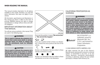 WHEN READING THE MANUAL


This manual includes information for all options                                                              CALIFORNIA PROPOSITION 65
available on this model. Therefore, you may find                                                              WARNING
some information that does not apply to your
vehicle.
                                                                                                                                  WARNING
All information, specifications and illustrations in
                                                                                                              Engine exhaust, some of its constituents,
this manual are those in effect at the time of
                                                                                                              and certain vehicle components contain
printing. NISSAN reserves the right to change
                                                                                                              or emit chemicals known to the State of
specifications or design without notice and with-
                                                                                                              California to cause cancer and birth de-
out obligation.
                                                                                                              fects or other reproductive harm. In addi-
IMPORTANT INFORMATION ABOUT                                                                                   tion, certain fluids contained in vehicles
THIS MANUAL                                                                                                   and certain products of component wear
                                                                                                              contain or emit chemicals known to the
You will see various symbols in this manual. They                                                             State of California to cause cancer and
are used in the following ways:                                                                  APD1005      birth defects or other reproductive harm.
                                                       If you see this symbol, it means “Do not do this”                          BLUETOOTH௡ is a
                     WARNING
                                                       or “Do not let this happen.”                                               trademark owned by
This is used to indicate the presence of a
hazard that could cause death or serious                                                                                          Bluetooth SIG, Inc.,
personal injury. To avoid or reduce the                If you see a symbol similar to these in an illustra-                       U.S.A. and licensed to
risk, the procedures must be followed                  tion, it means the arrow points to the front of the                        Xanavi Informatics
precisely.                                             vehicle.                                                                   Corporation.
                      CAUTION                                                                                 © 2006 NISSAN NORTH AMERICA, INC.
This is used to indicate the presence of a             Arrows in an illustration that are similar to these    All rights reserved. No part of this Owner’s
hazard that could cause minor or moder-                indicate movement or action.                           Manual may be reproduced or stored in a retrieval
ate personal injury or damage to your ve-                                                                     system, or transmitted in any form, or by any
hicle. To avoid or reduce the risk, the pro-                                                                  means, electronic, mechanical, photocopying,
cedures must be followed carefully.                    Arrows in an illustration that are similar to these    recording or otherwise, without the prior written
                                                       call attention to an item in the illustration.         permission of Nissan North America, Inc.




                                                                                      ੬ REVIEW COPY—2007 Versa (vrs)
                                                                                      Owners Manual—USA_English (nna)
                                                                                      06/05/06—cathy ੭
 