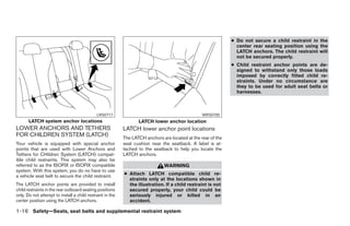 ● Do not secure a child restraint in the
                                                                                                                center rear seating position using the
                                                                                                                LATCH anchors. The child restraint will
                                                                                                                not be secured properly.
                                                                                                              ● Child restraint anchor points are de-
                                                                                                                signed to withstand only those loads
                                                                                                                imposed by correctly fitted child re-
                                                                                                                straints. Under no circumstance are
                                                                                                                they to be used for adult seat belts or
                                                                                                                harnesses.



                                             LRS0717                                             WRS0700
       LATCH system anchor locations                              LATCH lower anchor location
LOWER ANCHORS AND TETHERS                                  LATCH lower anchor point locations
FOR CHILDREN SYSTEM (LATCH)                                The LATCH anchors are located at the rear of the
Your vehicle is equipped with special anchor               seat cushion near the seatback. A label is at-
points that are used with Lower Anchors and                tached to the seatback to help you locate the
Tethers for CHildren System (LATCH) compat-                LATCH anchors.
ible child restraints. This system may also be
referred to as the ISOFIX or ISOFIX compatible                                WARNING
system. With this system, you do no have to use
a vehicle seat belt to secure the child restraint.         ● Attach LATCH compatible child re-
                                                             straints only at the locations shown in
The LATCH anchor points are provided to install              the illustration. If a child restraint is not
child restraints in the rear outboard seating positions      secured properly, your child could be
only. Do not attempt to install a child restraint in the     seriously injured or killed in an
center position using the LATCH anchors.                     accident.

1-16 Safety—Seats, seat belts and supplemental restraint system




                                                                                       ੬ REVIEW COPY—2007 Versa (vrs)
                                                                                       Owners Manual—USA_English (nna)
                                                                                       06/05/06—cathy ੭
 