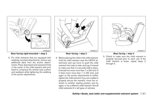 LRS0666                                                LRS0673                                           LRS0674
   Rear facing rigid-mounted – step 2                           Rear facing – step 3                                   Rear facing – step 4
                                                                                                            5. Check to make sure the child restraint is
3. For child restraints that are equipped with      4. Before placing the child in the child restraint,        properly secured prior to each use. If the
   webbing mounted attachments, remove any             hold the child restraint near the LATCH at-             child restraint is loose, repeat steps 2
   additional slack from the anchor attach-            tachment and use force to push the child                through 4.
   ments. Press downward and rearward firmly           restraint from side to side, and tug it forward
   in the center of the child restraint with your      to make sure that it is securely held in place.
   hand to compress the vehicle seat cushion           It should not move more than 1 in (25 mm). If
   and seatback while tightening the webbing           it does move more than 1 in (25 mm), pull
   of the anchor attachments.                          again on the anchor attachments to further
                                                       tighten the child restraint. If you are unable to
                                                       properly secure the restraint, move the re-
                                                       straint to another seating position and try
                                                       again, or try a different child restraint. Not all
                                                       child restraints fit in all types of vehicles.

                                                                        Safety—Seats, seat belts and supplemental restraint system 1-21




                                                                                   ੬ REVIEW COPY—2007 Versa (vrs)
                                                                                   Owners Manual—USA_English (nna)
                                                                                   06/16/06—debbie ੭
 