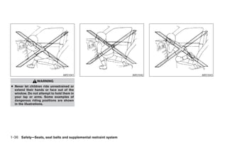 ARS1041                               ARS1042                     ARS1043

                WARNING
● Never let children ride unrestrained or
  extend their hands or face out of the
  window. Do not attempt to hold them in
  your lap or arms. Some examples of
  dangerous riding positions are shown
  in the illustrations.




1-36 Safety—Seats, seat belts and supplemental restraint system




                                                                  ੬ REVIEW COPY—2007 Versa (vrs)
                                                                  Owners Manual—USA_English (nna)
                                                                  06/05/06—cathy ੭
 