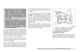 ● Work around and on the pre-tensioner                   cause irritation and choking. Those with a history
  system should be done by a NISSAN                      of a breathing condition should get fresh air
  dealer. Installation of electrical equip-              promptly.
  ment should also be done by a NISSAN                   If any abnormality occurs in the pre-tensioner
  dealer. Unauthorized electrical test                   system, the supplemental air bag warning
  equipment and probing devices should                   light         will flash intermittently after the igni-
  not be used on the pre-tensioner seat                  tion key is turned to the ON or START position. In
  belt system.                                           this case, the pre-tensioner seat belt will not
● If you need to dispose of the pre-                     function properly. They must be checked and
  tensioner or scrap the vehicle, contact a              repaired. Take your vehicle to the nearest
  NISSAN dealer. Correct pre-tensioner                   NISSAN dealer.
  disposal procedures are set forth in the               When selling your vehicle, we request that you
  appropriate NISSAN Service Manual.                     inform the buyer about the pre-tensioner seat belt
  Incorrect disposal procedures could                    system and guide the buyer to the appropriate                                                       LRS0695
  cause personal injury.                                 sections in this Owner’s Manual.
                                                                                                                   1.   SRS Front Air Bag Warning Labels
The front seat pre-tensioner seat belt system                                                                      2.   SRS Side Air Bag Warning Label
activates in conjunction with the supplemental air                                                                 SUPPLEMENTAL AIR BAG
bag systems. Working with the seat belt retrac-
tor, it helps tighten the seat belt when the vehicle
                                                                                                                   WARNING LABELS
becomes involved in certain types of collisions,                                                                   Warning labels about the supplemental front air
helping to restrain front seat occupants.                                                                          bag and supplemental side air bag systems are
                                                                                                                   placed in the vehicle as shown in the illustration.
The pre-tensioner is encased with the seat belt’s
retractor. These seat belts are used the same as
conventional seat belts.
When the pre-tensioner seat belt activates,
smoke is released and a loud noise may be heard.
This smoke is not harmful and does not indicate a
fire. Care should be taken not to inhale it, as it may
                                                                               Safety—Seats, seat belts and supplemental restraint system 1-47




                                                                                          ੬ REVIEW COPY—2007 Versa (vrs)
                                                                                          Owners Manual—USA_English (nna)
                                                                                          06/05/06—cathy ੭
 