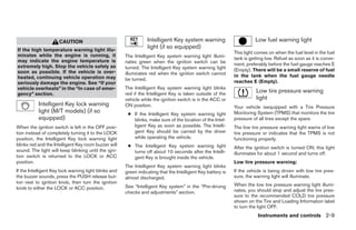 CAUTION                                     Intelligent Key system warning                        Low fuel warning light
If the high temperature warning light illu-
                                                                  light (if so equipped)
                                                                                                              This light comes on when the fuel level in the fuel
minates while the engine is running, it                The Intelligent Key system warning light illumi-       tank is getting low. Refuel as soon as it is conve-
may indicate the engine temperature is                 nates green when the ignition switch can be
extremely high. Stop the vehicle safely as                                                                    nient, preferably before the fuel gauge reaches E
                                                       turned. The Intelligent Key system warning light       (Empty). There will be a small reserve of fuel
soon as possible. If the vehicle is over-              illuminates red when the ignition switch cannot
heated, continuing vehicle operation may                                                                      in the tank when the fuel gauge needle
                                                       be turned.                                             reaches E (Empty).
seriously damage the engine. See “If your
vehicle overheats” in the “In case of emer-            The Intelligent Key system warning light blinks
gency” section.                                        red if the Intelligent Key is taken outside of the
                                                                                                                         Low tire pressure warning
                                                       vehicle while the ignition switch is in the ACC or                light
           Intelligent Key lock warning                ON position.                                           Your vehicle isequipped with a Tire Pressure
           light (M/T models) (if so                    ● If the Intelligent Key system warning light         Monitoring System (TPMS) that monitors the tire
           equipped)                                      blinks, make sure of the location of the Intel-     pressure of all tires except the spare.
When the ignition switch is left in the OFF posi-         ligent Key as soon as possible. The Intelli-        The low tire pressure warning light warns of low
tion instead of completely turning it to the LOCK         gent Key should be carried by the driver            tire pressure or indicates that the TPMS is not
position, the Intelligent Key lock warning light          while operating the vehicle.                        functioning properly.
blinks red and the Intelligent Key room buzzer will     ● The Intelligent Key system warning light            After the ignition switch is turned ON, this light
sound. The light will keep blinking until the igni-       turns off about 10 seconds after the Intelli-       illuminates for about 1 second and turns off.
tion switch is returned to the LOCK or ACC                gent Key is brought inside the vehicle.
position.                                                                                                     Low tire pressure warning:
                                                       The Intelligent Key system warning light blinks
If the Intelligent Key lock warning light blinks and   green indicating that the Intelligent Key battery is   If the vehicle is being driven with low tire pres-
the buzzer sounds, press the PUSH release but-         almost discharged.                                     sure, the warning light will illuminate.
ton next to ignition knob, then turn the ignition                                                             When the low tire pressure warning light illumi-
knob to either the LOCK or ACC position.               See “Intelligent Key system” in the “Pre-driving
                                                       checks and adjustments” section.                       nates, you should stop and adjust the tire pres-
                                                                                                              sure to the recommended COLD tire pressure
                                                                                                              shown on the Tire and Loading Information label
                                                                                                              to turn the light OFF.
                                                                                                                          Instruments and controls 2-9




                                                                                      ੬ REVIEW COPY—2007 Versa (vrs)
                                                                                      Owners Manual—USA_English (nna)
                                                                                      06/05/06—cathy ੭
 