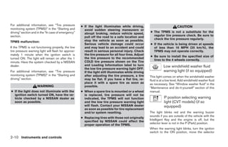 For additional information, see “Tire pressure        ● If the light illuminates while driving,                              CAUTION
monitoring system (TPMS)” in the “Starting and          avoid sudden steering maneuvers or
driving” section and in the “In case of emergency”      abrupt braking, reduce vehicle speed,          ● The TPMS is not a substitute for the
section.                                                pull off the road to a safe location and         regular tire pressure check. Be sure to
                                                        stop the vehicle as soon as possible.            check the tire pressure regularly.
TPMS malfunction:
                                                        Serious vehicle damage could occur             ● If the vehicle is being driven at speeds
If the TPMS is not functioning properly, the low        and may lead to an accident and could            of less than 16 MPH (25 km/h), the
tire pressure warning light will flash for approxi-     result in serious personal injury. Check         TPMS may not operate correctly.
mately 1 minute when the ignition switch is             the tire pressure for all four tires. Adjust
                                                                                                       ● Be sure to install the specified size of
turned ON. The light will remain on after the 1         the tire pressure to the recommended
                                                                                                         tires to the 4 wheels correctly.
minute. Have the system checked by a NISSAN             COLD tire pressure shown on the Tire
dealer.                                                 and Loading Information label to turn                     Low windshield washer fluid
                                                        the low tire pressure warning light OFF.
For additional information, see “Tire pressure          If the light still illuminates while driving              warning light (if so equipped)
monitoring system (TPMS)” in the “Starting and          after adjusting the tire pressure, a tire      This light comes on when the windshield washer
driving” section.                                       may be flat. If you have a flat tire, re-      fluid is at a low level. Add windshield washer fluid
                                                        place it with a spare tire as soon as          as necessary. See “Window washer fluid” in the
                     WARNING                            possible.                                      “Maintenance and do-it-yourself” section of this
● If the light does not illuminate with the           ● When a spare tire is mounted or a wheel        manual.
  ignition switch turned ON, have the ve-               is replaced, tire pressure will not be
  hicle checked by a NISSAN dealer as                   indicated, the TPMS will not function                     P position selecting warning
  soon as possible.                                     and the low tire pressure warning light                   light (CVT models) (if so
                                                        will flash. Contact your NISSAN dealer                    equipped)
                                                        as soon as possible for tire replacement
                                                        and/or system resetting.                       The light blinks red and the warning buzzer
                                                                                                       sounds if you are outside of the vehicle with the
                                                      ● Replacing tires with those not originally
                                                                                                       Intelligent Key and the engine is off, but the
                                                        specified by NISSAN could affect the
                                                                                                       selector lever is not in the P (Park) position.
                                                        proper operation of the TPMS.
                                                                                                       When the warning light blinks, turn the ignition
                                                                                                       switch to the ON position, move the selector
2-10 Instruments and controls




                                                                                 ੬ REVIEW COPY—2007 Versa (vrs)
                                                                                 Owners Manual—USA_English (nna)
                                                                                 06/05/06—cathy ੭
 