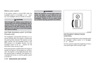 Battery saver system                                                    WARNING
If the ignition switch is turned OFF while the         When the daytime running light system is
headlight switch is in the            or       posi-   active, tail lights on your vehicle are not
tion, the headlights will turn off after 5 minutes.    on. It is necessary at dusk to turn on your
                                                       headlights. Failure to do so could cause
                      CAUTION                          an accident injuring yourself and others.
Even though the battery saver feature au-
tomatically turns off the headlights after a
period of time, you should turn the head-
light switch to the OFF position when the
engine is not running to avoid discharging
the vehicle battery.

DAYTIME RUNNING LIGHT SYSTEM                                                                                                                    LIC0392
(Canada only)                                                                                        INSTRUMENT BRIGHTNESS
The headlights automatically illuminate at a re-                                                     CONTROL
duced intensity when the engine is started with                                                      The instrument brightness control operates when
the parking brake released. The daytime running                                                      the headlight control switch is in the
lights operate with the headlight switch in the                                                      or        position.
OFF position or in the          position. Turn the
                                                                                                     Turn the control to adjust the brightness of instru-
headlight switch to the           position for full
                                                                                                     ment panel lights when driving at night.
illumination when driving at night.
If the parking brake is applied before the engine is
started, the daytime running lights do not illumi-
nate. The daytime running lights illuminate when
the parking brake is released. The daytime run-
ning lights will remain on until the ignition switch
is turned off.
2-20 Instruments and controls




                                                                                 ੬ REVIEW COPY—2007 Versa (vrs)
                                                                                 Owners Manual—USA_English (nna)
                                                                                 06/05/06—cathy ੭
 