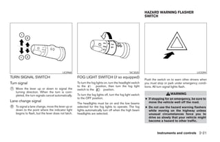 HAZARD WARNING FLASHER
                                                                                                             SWITCH




                                          LIC0968                                                SIC3020                                          LIC0394
TURN SIGNAL SWITCH                                   FOG LIGHT SWITCH (if so equipped)
                                                                                                             Push the switch on to warn other drivers when
Turn signal                                          To turn the fog lights on, turn the headlight switch    you must stop or park under emergency condi-
                                                     to the         position, then turn the fog light        tions. All turn signal lights flash.
᭺
1   Move the lever up or down to signal the          switch to the         position.
    turning direction. When the turn is com-
                                                     To turn the fog lights off, turn the fog light switch                     WARNING
    pleted, the turn signals cancel automatically.
                                                     to the OFF position.                                    ● If stopping for an emergency, be sure to
Lane change signal                                                                                             move the vehicle well off the road.
                                                     The headlights must be on and the low beams
᭺
2   To signal a lane change, move the lever up or    selected for the fog lights to operate. The fog         ● Do not use the hazard warning flashers
    down to the point where the indicator light      lights automatically turn off when the high beam          while moving on the highway unless
    begins to flash, but the lever does not latch.   headlights are selected.                                  unusual circumstances force you to
                                                                                                               drive so slowly that your vehicle might
                                                                                                               become a hazard to other traffic.



                                                                                                                      Instruments and controls 2-21




                                                                                    ੬ REVIEW COPY—2007 Versa (vrs)
                                                                                    Owners Manual—USA_English (nna)
                                                                                    06/05/06—cathy ੭
 