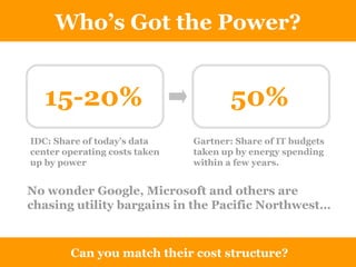 Who’s Got the Power? Can you match their cost structure? IDC: Share of today’s data center operating costs taken up by power 15-20% 50% Gartner: Share of IT budgets taken up by energy spending within a few years.  No wonder Google, Microsoft and others are chasing utility bargains in the Pacific Northwest… 
