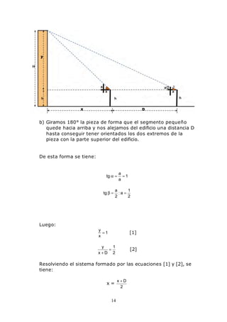14
b) Giramos 180° la pieza de forma que el segmento pequeño
quede hacia arriba y nos alejamos del edificio una distancia D
hasta conseguir tener orientados los dos extremos de la
pieza con la parte superior del edificio.
De esta forma se tiene:
1
a
a
tg ==α
2
1
a:
2
a
tg ==β
Luego:
1
x
y
= [1]
2
1
Dx
y
=
+
[2]
Resolviendo el sistema formado por las ecuaciones [1] y [2], se
tiene:
x =
2
Dx +
 
