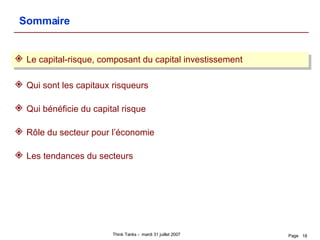 Le capital-risque, composant du capital investissement Qui sont les capitaux risqueurs Qui bénéficie du capital risque Rôle du secteur pour l’économie Les tendances du secteurs Sommaire 