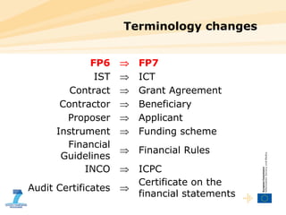 Terminology changes ICT  IST FP7  FP6 Beneficiary  Contractor Certificate on the financial statements  Audit Certificates  ICPC  INCO Financial Rules  Financial Guidelines Funding scheme  Instrument  Applicant  Proposer  Grant Agreement  Contract  