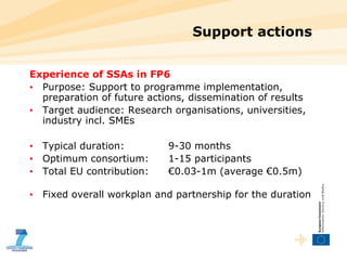 Support actions  Experience of SSAs in FP6  Purpose: Support to programme implementation, preparation of future actions, dissemination of results Target audience: Research organisations, universities, industry incl. SMEs Typical duration: 9-30 months Optimum consortium: 1-15 participants Total EU contribution: €0.03-1m (average €0.5m)  Fixed overall workplan and partnership for the duration 