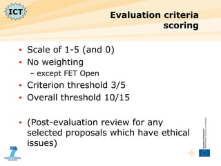 Evaluation criteria  scoring Scale of 1-5 (and 0) No weighting except FET Open Criterion threshold 3/5 Overall threshold 10/15 (Post-evaluation review for any selected proposals which have ethical issues) ICT 