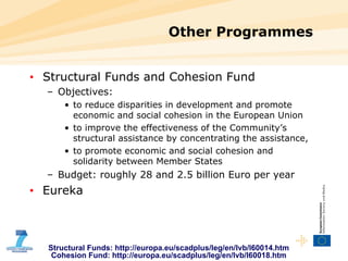 Other Programmes Structural Funds and Cohesion Fund  Objectives: to reduce disparities in development and promote economic and social cohesion in the European Union to improve the effectiveness of the Community’s structural assistance by concentrating the assistance,  to promote economic and social cohesion and solidarity between Member States Budget: roughly 28 and 2.5 billion Euro per year Eureka Structural Funds: http://europa.eu/scadplus/leg/en/lvb/l60014.htm Cohesion Fund: http://europa.eu/scadplus/leg/en/lvb/l60018.htm 