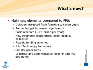 What’s new? Main new elements compared to FP6: Duration increased from four/five to seven years Annual budget increased significantly Basic research (~ €1 billion per year) New structure: cooperation, ideas, people, capacities Flexible funding schemes Joint Technology Initiatives Simpler procedures Logistical and administrative tasks    external structures 