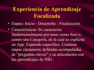 Experiencia de Aprendizaje
Focalizada
• Etapas: Inicio - Desarrollo - Finalización.
• Características: Se caracteriza
fundamentalmente por tener como foco o
centro una Categoría, de la cual se explicita
un App. Esperado específico. Contiene
etapas claramente definidas acompañadas
de “preguntas claves” y su articulación con
los aprendizajes de NB1.
 