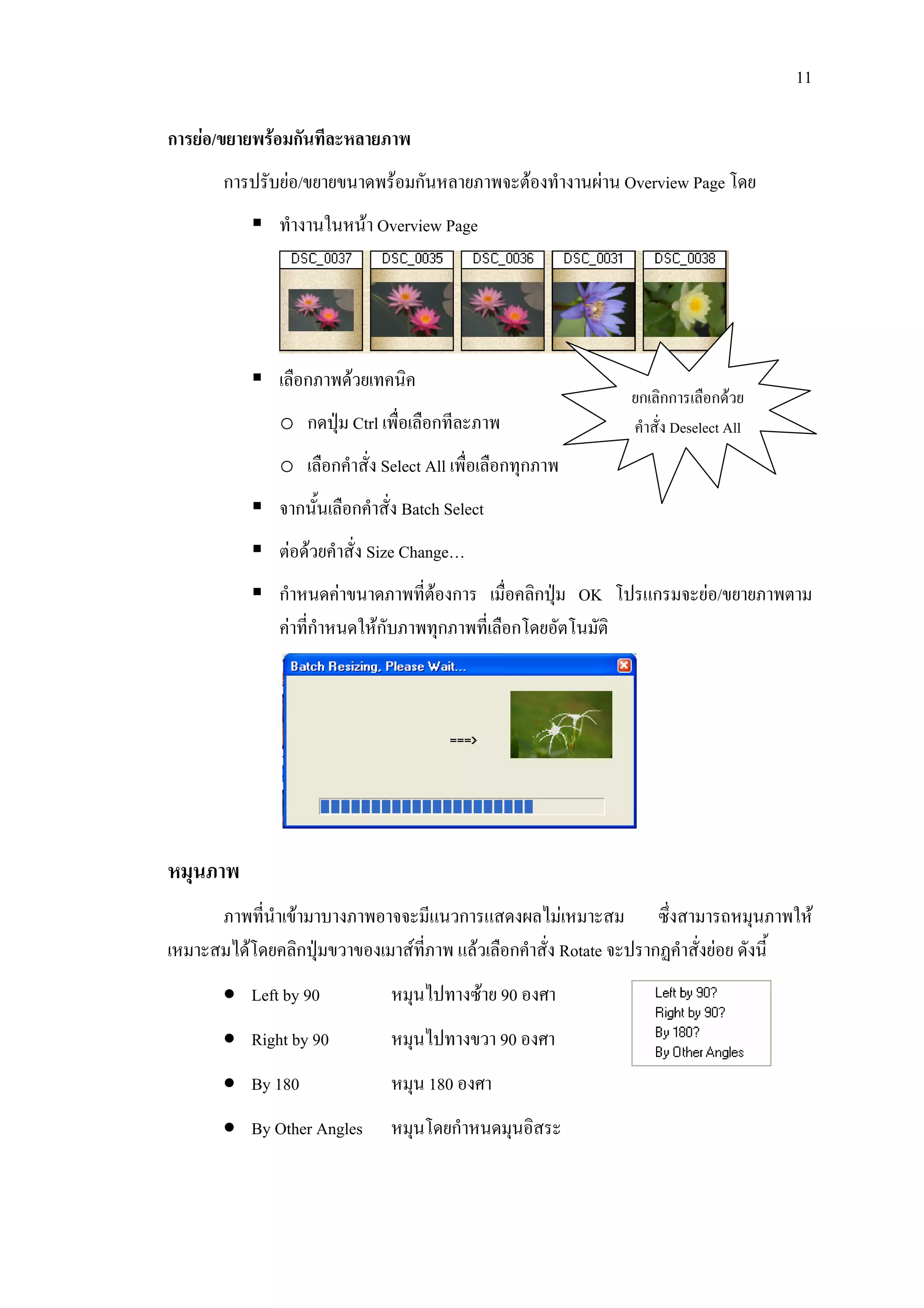 11

การยอ/ขยายพรอมกันทีละหลายภาพ
       การปรับยอ/ขยายขนาดพรอมกันหลายภาพจะตองทํางานผาน Overview Page โดย
               ทํางานในหนา Overview Page




               เลือกภาพดวยเทคนิค
                                                               ยกเลิกการเลือกดวย
               o กดปุม Ctrl เพื่อเลือกทีละภาพ                 คําสั่ง Deselect All
               o เลือกคําสั่ง Select All เพื่อเลือกทุกภาพ
               จากนั้นเลือกคําสั่ง Batch Select
               ตอดวยคําสั่ง Size Change…
               กําหนดคาขนาดภาพที่ตองการ เมื่อคลิกปุม OK โปรแกรมจะยอ/ขยายภาพตาม
               คาที่กาหนดใหกับภาพทุกภาพที่เลือกโดยอัตโนมัติ
                      ํ




หมุนภาพ
      ภาพที่นําเขามาบางภาพอาจจะมีแนวการแสดงผลไมเหมาะสม ซึ่งสามารถหมุนภาพให
เหมาะสมไดโดยคลิกปุมขวาของเมาสที่ภาพ แลวเลือกคําสั่ง Rotate จะปรากฏคําสั่งยอย ดังนี้
       • Left by 90             หมุนไปทางซาย 90 องศา
       • Right by 90            หมุนไปทางขวา 90 องศา
       • By 180                 หมุน 180 องศา
       • By Other Angles        หมุนโดยกําหนดมุนอิสระ
 