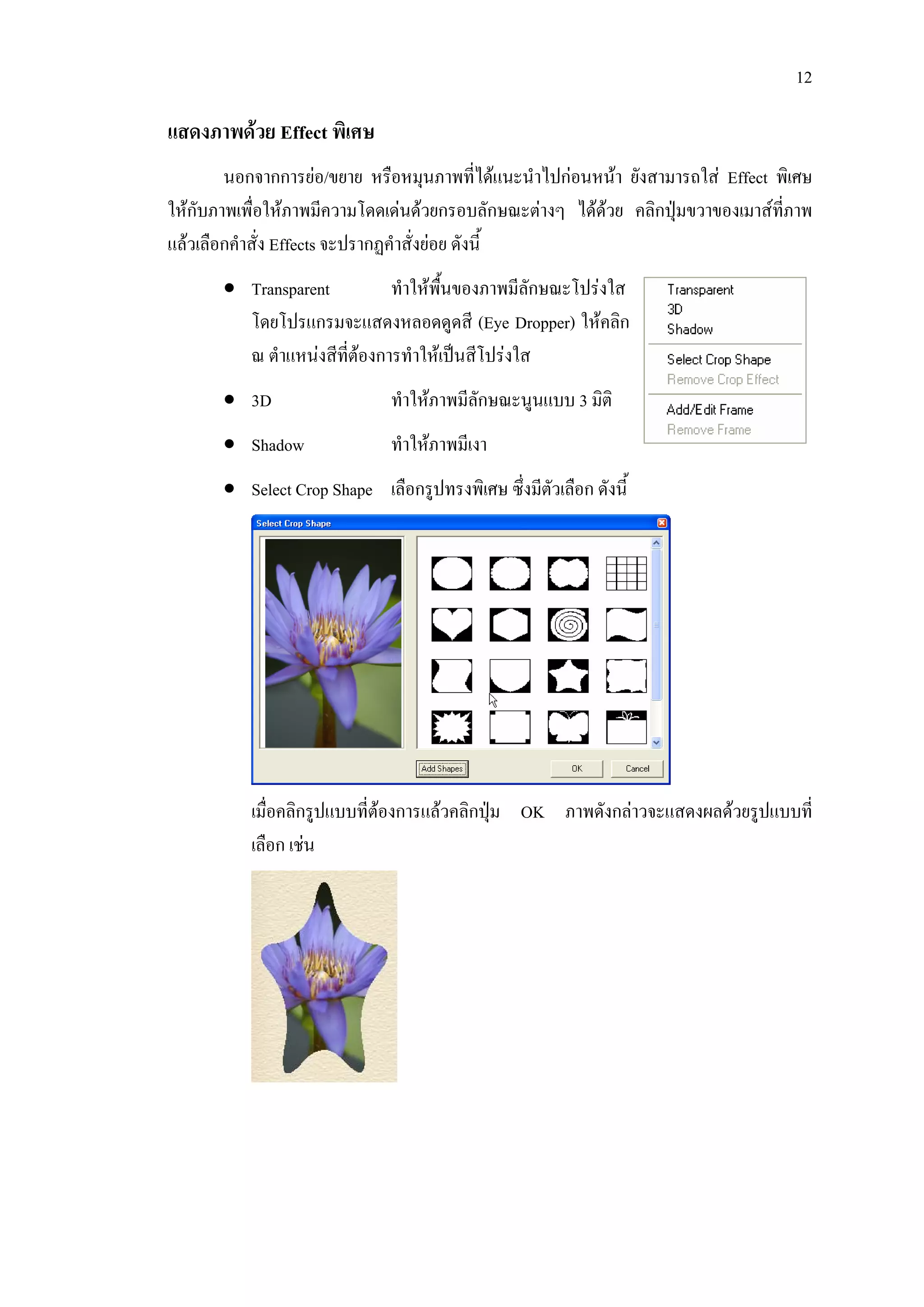 12

แสดงภาพดวย Effect พิเศษ
        นอกจากการยอ/ขยาย หรือหมุนภาพที่ไดแนะนําไปกอนหนา ยังสามารถใส Effect พิเศษ
ใหกับภาพเพื่อใหภาพมีความโดดเดนดวยกรอบลักษณะตางๆ ไดดวย คลิกปุมขวาของเมาสที่ภาพ
แลวเลือกคําสัง Effects จะปรากฏคําสั่งยอย ดังนี้
              ่
       • Transparent          ทําใหพนของภาพมีลักษณะโปรงใส
                                     ื้
         โดยโปรแกรมจะแสดงหลอดดูดสี (Eye Dropper) ใหคลิก
         ณ ตําแหนงสีที่ตองการทําใหเปนสีโปรงใส
       • 3D                    ทําใหภาพมีลักษณะนูนแบบ 3 มิติ
       • Shadow                ทําใหภาพมีเงา
       • Select Crop Shape เลือกรูปทรงพิเศษ ซึ่งมีตัวเลือก ดังนี้




           เมื่อคลิกรูปแบบที่ตองการแลวคลิกปุม OK ภาพดังกลาวจะแสดงผลดวยรูปแบบที่
           เลือก เชน
 
