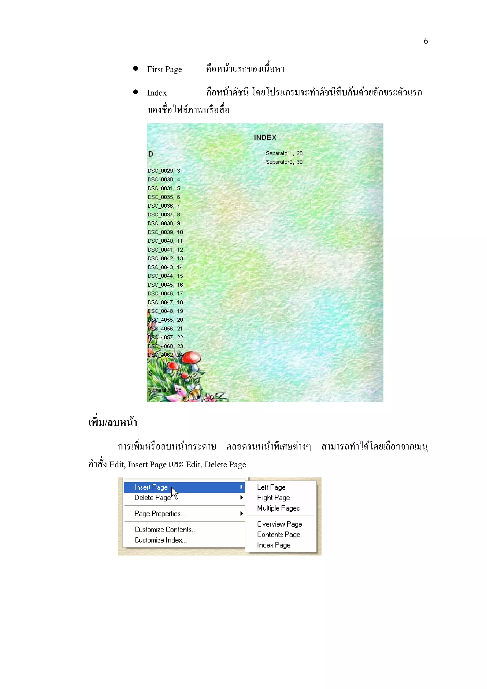 6

          • First Page      คือหนาแรกของเนื้อหา
          • Index         คือหนาดัชนี โดยโปรแกรมจะทําดัชนีสืบคนดวยอักขระตัวแรก
            ของชื่อไฟลภาพหรือสื่อ




เพิ่ม/ลบหนา
          การเพิ่มหรือลบหนากระดาษ ตลอดจนหนาพิเศษตางๆ สามารถทําไดโดยเลือกจากเมนู
คําสั่ง Edit, Insert Page และ Edit, Delete Page
 
