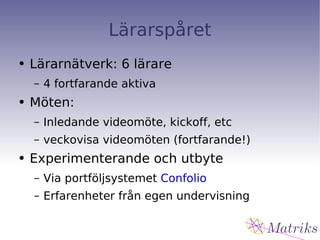 Lärarspåret Lärarnätverk: 6 lärare 4 fortfarande aktiva Möten: Inledande videomöte, kickoff, etc veckovisa videomöten (fortfarande!) Experimenterande och utbyte Via portföljsystemet  Confolio Erfarenheter från egen undervisning 