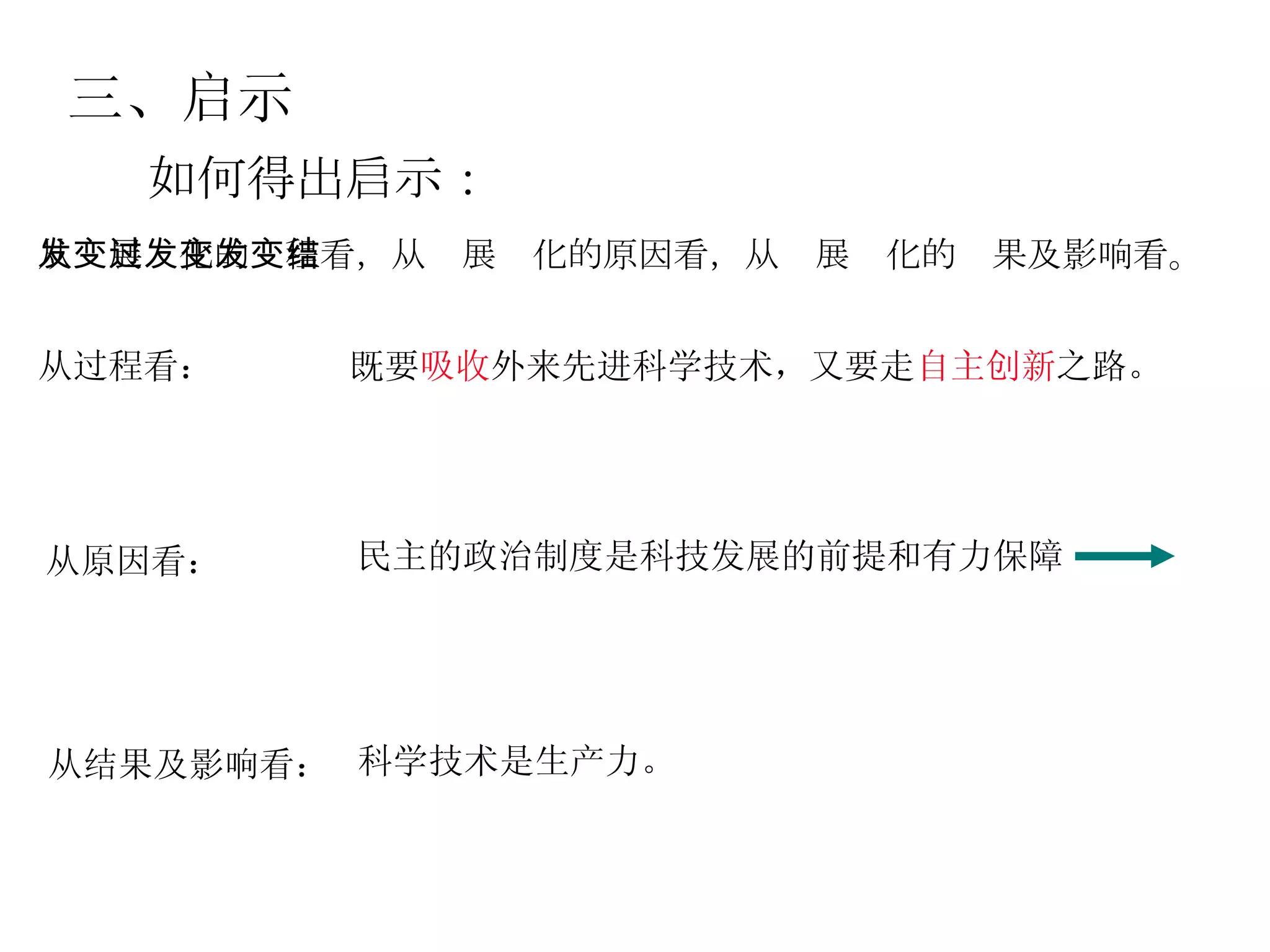 三、启示 从发展变化的过程看，从发展变化的原因看，从发展变化的结果及影响看。  如何得出启示： 从结果及影响看： 从过程看： 从原因看： 既要 吸收 外来先进科学技术，又要走 自主创新 之路。 民主的政治制度是科技发展的前提和有力保障 科学技术是生产力。 