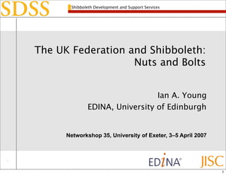 Shibboleth Development and Support Services




The UK Federation and Shibboleth:
                   Nuts and Bolts


                                Ian A. Young
              EDINA, University of Edinburgh


      Networkshop 35, University of Exeter, 3–5 April 2007




                                                             1