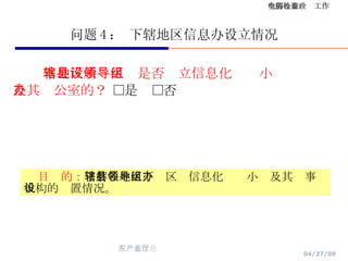 问题 4 ： 下辖地区信息办设立情况 本地区所辖区县是否设立信息化领导小组 及其办公室的？  □是  □否 目  的： 了解各地区下辖区县信息化领导小组及其办事机构的设置情况。 