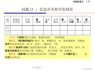 问题 12  ：信息共享和开发利用 目 的： 了解各地区主要部门重要信息的开发利用情况。 说明 1 ： “重要信息名称”填写该部门掌握的已经公开或者能提供给其他部门共享的信息的名称，如“学历信息”、“户籍信息”等。 说明 2 ：“存储方式”是指各地区在推进信息公开、信息共享的过程中，相关信息库的建设是采用集中建设的模式，还是分布建设建设的模式。 说明 3 ： “运营模式”是指本信息所存储的数据库 是 由部门自己维护还是实现社会外包。 运营 模式 建设 模式 存在 问题 存储 方式 共享 模式 是否 公开 服务 对象 信息 来源 重要信 息名称 部 门 教育 公安 …… 