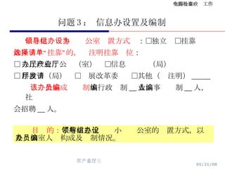 问题 3 ： 信息办设置及编制 信息化领导小组办公室设置方式为 ：□独立  □挂靠 如果选择“挂靠”的，请注明挂靠单位 ： □ 人民政府办公厅（室）  □信息产业厅（局）  □ 科技厅（局）  □发展改革委  □其他（请注明） _____ 该办公室成员编制 ：行政编制 __ 人，事业编制 __ 人，社 会招聘 __ 人。 目  的： 了解信息化领导小组办公室的设置方式，以及办公室人员构成及编制情况。 