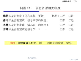 问题 13 ： 信息资源相关制度 本地区是否制定了信息采集、更新、维护制度：□否  □是 本地区是否制定政务信息共享的制度：  □否  □是 本地区是否制定政务信息公开的制度：  □否  □是 本地区是否制定政府信息公开目录：  □否  □是 目的： 了解各地区信息资源开发利用的制度建设情况。 