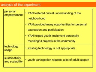 analysis of the experiment youth participation requires a lot of adult support sustainability and scalability existing technology is not appropriate technology usage YAN fostered critical understanding of the neighborhood YAN provided many opportunities for personal expression and participation YAN helped youth implement personally meaningful projects in the community personal empowerment 