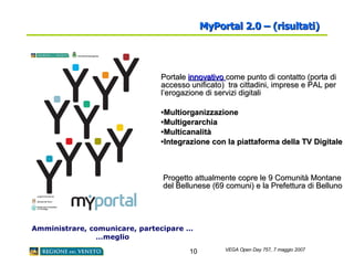 MyPortal 2.0 – (risultati)   Amministrare, comunicare, partecipare ……meglio Portale  innovativo  come punto di contatto (porta di accesso unificato)  tra cittadini, imprese e PAL per l’erogazione di servizi digitali Multiorganizzazione Multigerarchia Multicanalità Integrazione con la piattaforma della TV Digitale Progetto attualmente copre le 9 Comunità Montane del Bellunese (69 comuni) e la Prefettura di Belluno 