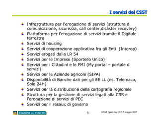 I servizi del CSST Infrastruttura per l’erogazione di servizi (struttura di comunicazione, sicurezza, call center,disaster recovery) Piattaforma per l’erogazione di servizi tramite il Digitale terrestre Servizi di housing Servizi di cooperazione applicativa fra gli Enti  (Interop) Servizi erogati dalla LR 54 Servizi per le Imprese (Sportello Unico) Servizi per i Cittadini e le PMI (My portal – portale di servizi) Servizi per le Aziende agricole (SIPA) Disponibilità di Banche dati per gli EE LL (es. Telemaco, Sole 24H) Servizi per la distribuzione della cartografia regionale Struttura per la gestione di servizi legati alla CRS e l’erogazione di servizi di PEC Servizi per il resaux di governo 