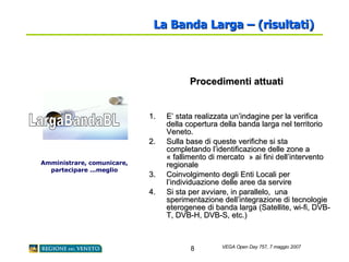 La Banda Larga – (risultati)   Amministrare, comunicare, partecipare ...meglio Procedimenti attuati E’ stata realizzata un’indagine per la verifica della copertura della banda larga nel territorio Veneto. Sulla base di queste verifiche si sta completando l’identificazione delle zone a « fallimento di mercato  » ai fini dell’intervento regionale Coinvolgimento degli Enti Locali per l’individuazione delle aree da servire Si sta per avviare, in parallelo,  una sperimentazione dell’integrazione di tecnologie eterogenee di banda larga (Satellite, wi-fi, DVB-T, DVB-H, DVB-S, etc.) LargaBandaBL  